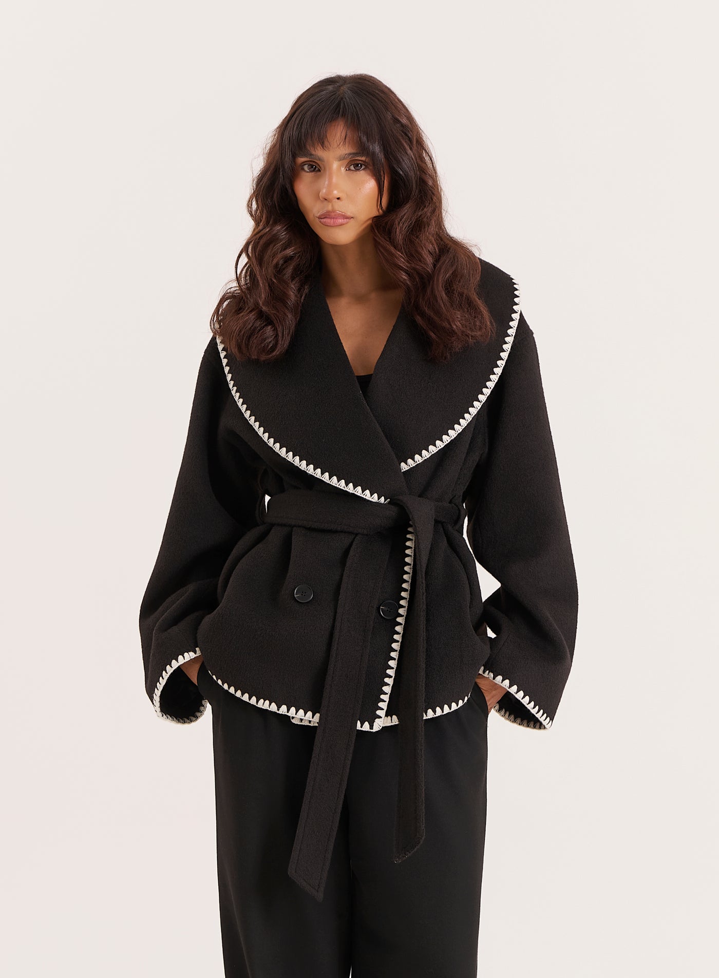 Black Contrast Stitch Belted Jacket